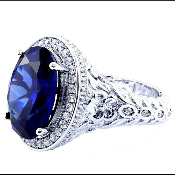 BNIB! BERRICLE STERLING SILVER OVAL SIMULATED SAPPHIRE RHODIUM PLTD RING- SIZE 6 - Picture 2 of 15